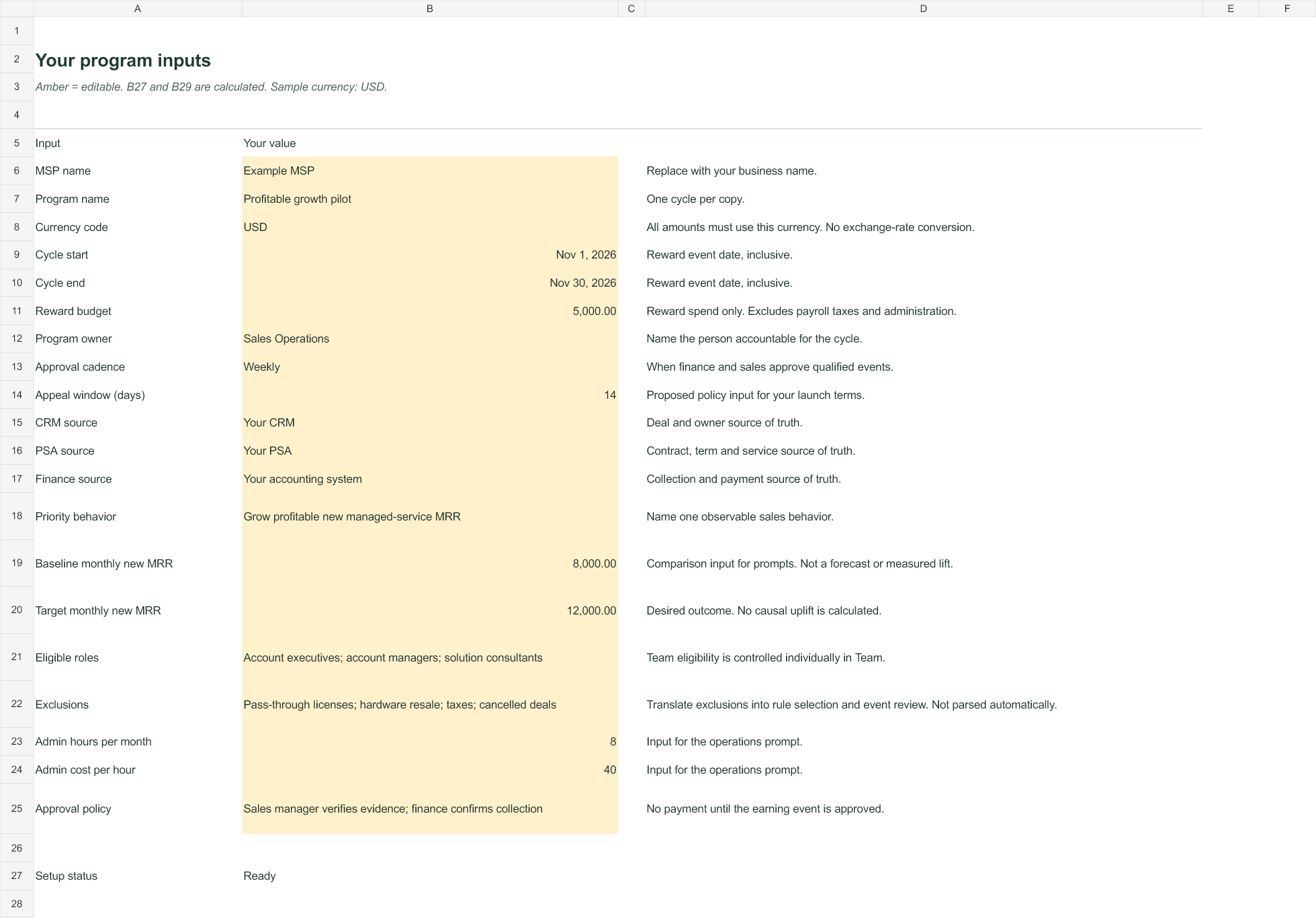 Preview of the MSP Sales Rewards workbook Setup tab