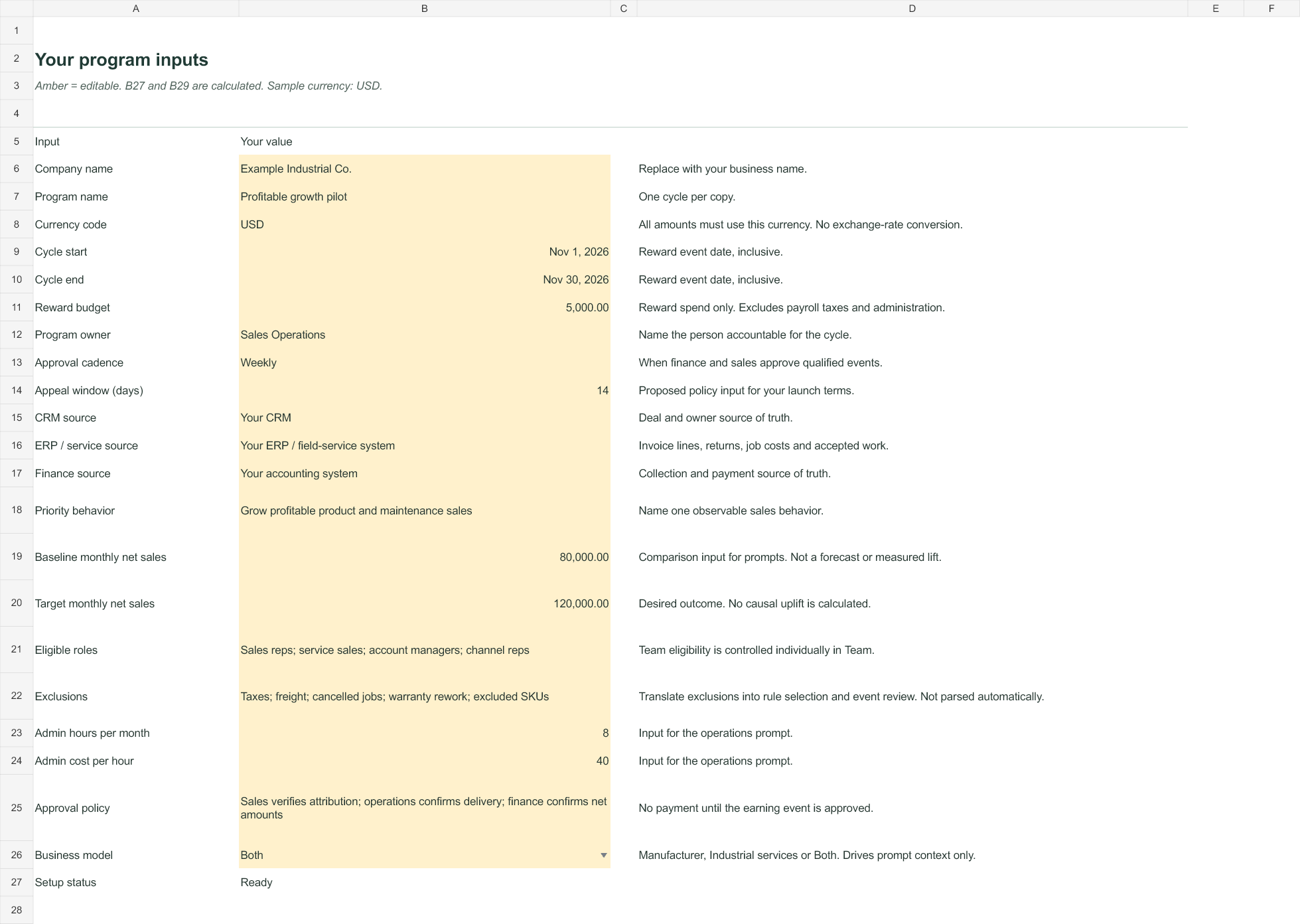 Preview of the Manufacturing and Industrial Services Sales Rewards workbook Setup tab