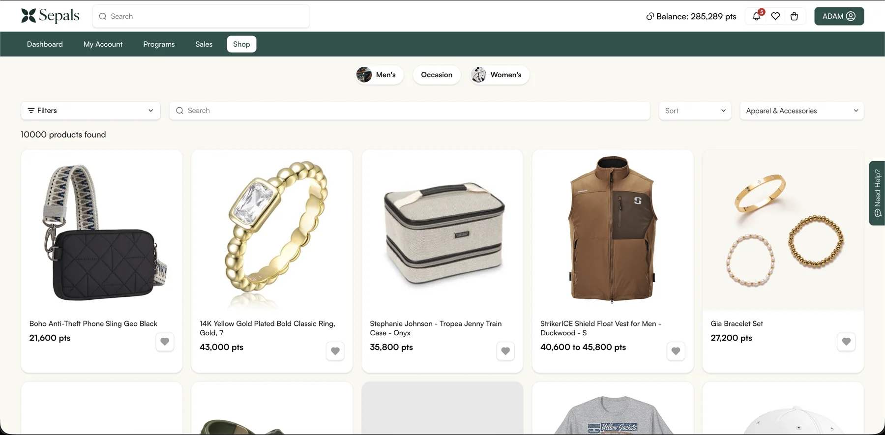 Sepals reward catalogue showing searchable merchandise and point prices