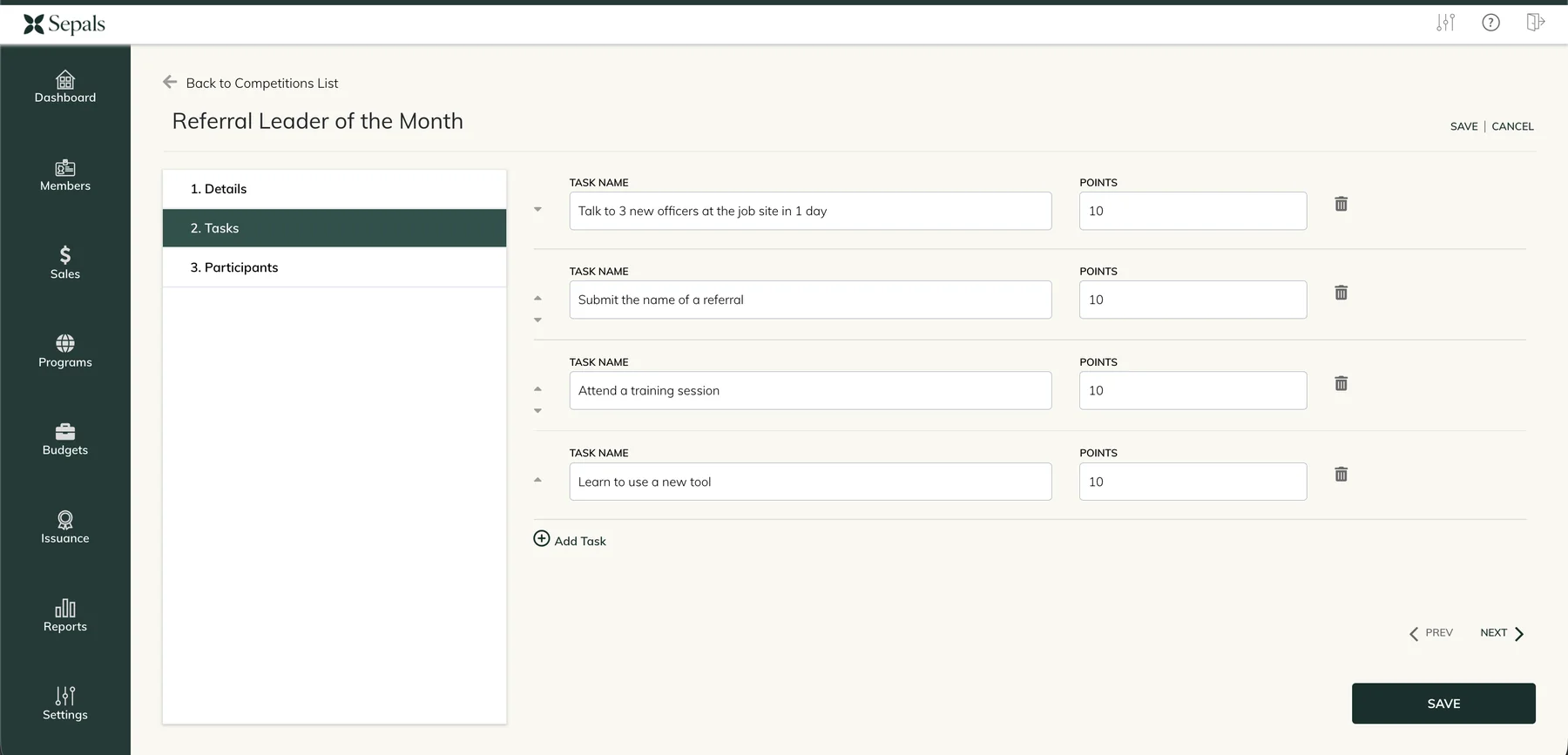 Sepals program task editor showing activities, participation, and points
