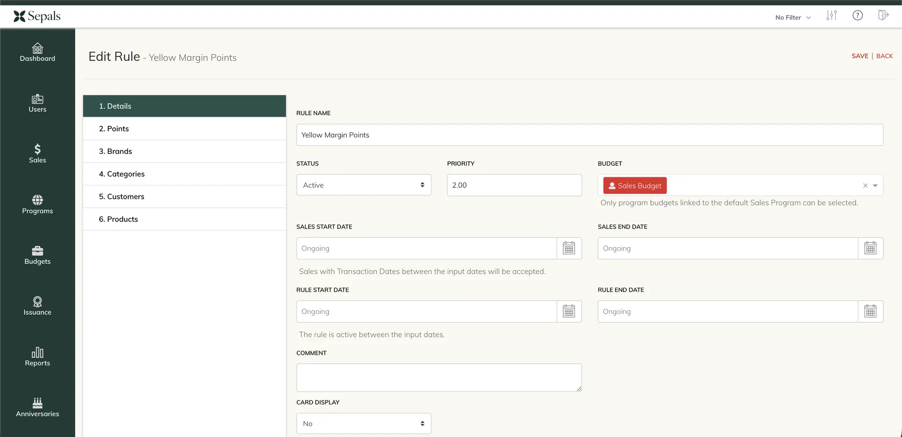 Sepals rule builder showing program dates, budget, status, and eligibility controls